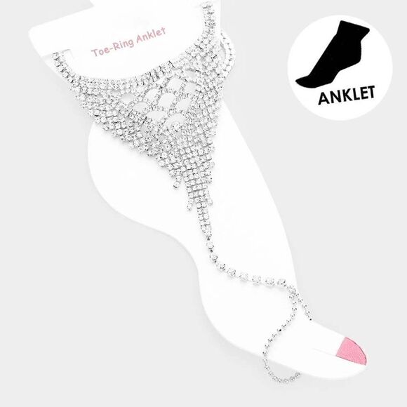 Anklet Clear Rhinestone Silver Net Toe Ring - Picture 1 of 6